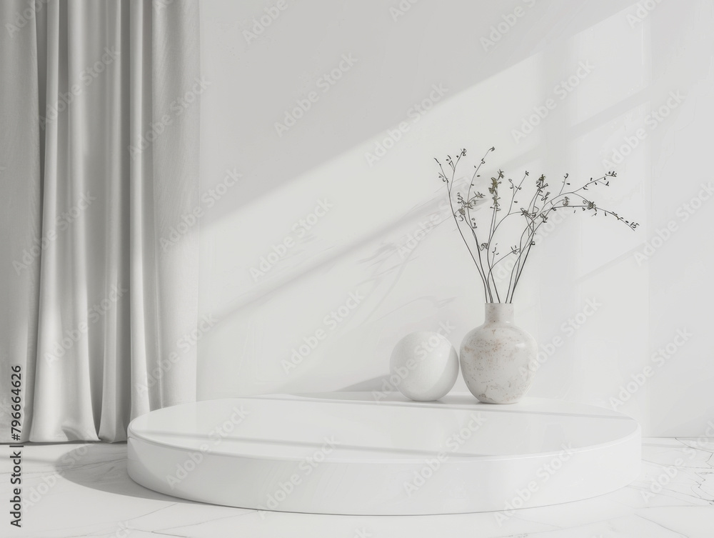 Minimalist White Marble Podium, front view focus, with a Clean Scandinavian Living Room Background Minimalist White Marble Podium, front view focus, with a Clean Scandinavian Living Room Background