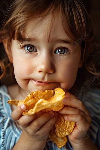 girl eats chips selective focus