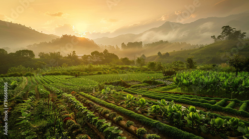 An image showcasing a lush organic farm, where farmers are using sustainable practices to grow healthy, pesticide-free produce, emphasizing the benefits of organic farming for the planet. © NooPaew