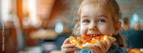 girl eats pizza selective focus