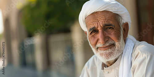 Portrait of a smiling elderly man with a white turban in front of a building, looking at the camera
