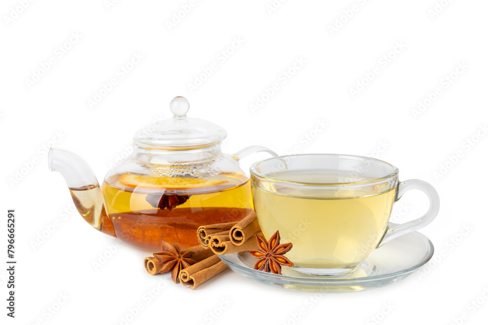 Fragrant hot tea with cinnamon stick and anise isolated on a white background. A teapot brewing hot tea with honey, lemon, mint and apples. Spicy tea with spices. Immunity tea. Health concept. Fragrant hot tea with cinnamon stick and anise isolated on a white background. A teapot brewing hot tea with honey, lemon, mint and apples. Spicy tea with spices. Immunity tea. Health concept.
