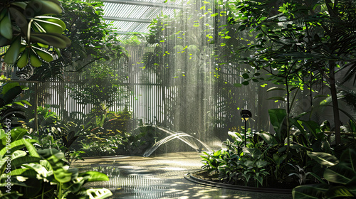An urban garden where AI-controlled systems ensure optimal watering and sunlight for each plant, showcasing AI in harmony with nature.