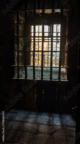 a dark and scary dungeon  iron bars on window  the year 1800  in American