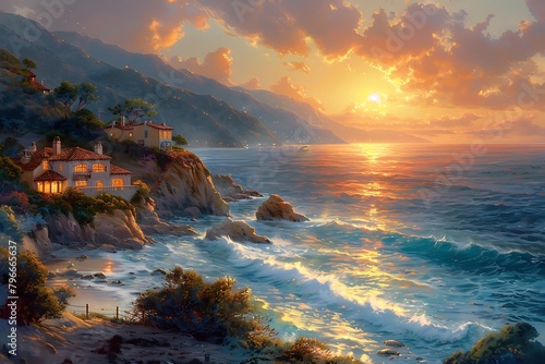 A breathtaking sunset over a tranquil coastal village, where the golden hues dance on the rippling waves, casting a mesmerizing glow on the quaint cottages nestled along the shore.