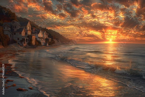 A breathtaking sunset over a tranquil coastal village, where the golden hues dance on the rippling waves, casting a mesmerizing glow on the quaint cottages nestled along the shore. 