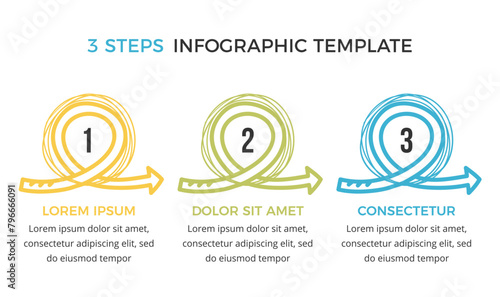 Hand drawn infographic template with three elements for your text circles and arrows, vector eps10 illustration