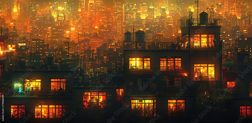 Obraz premium Night city, Lit up windows of residential block