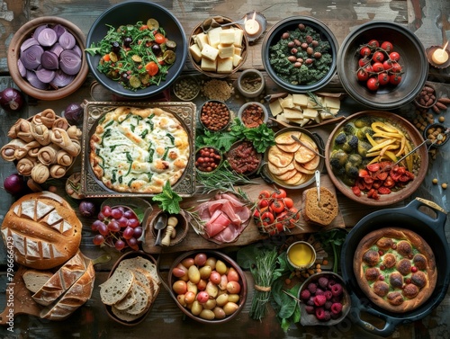 Food photography featuring a traditional Georgian feast laid out in an artistic arrangement.