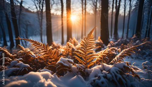 Zimowy poranek w lesie, paprocie. Generative AI
