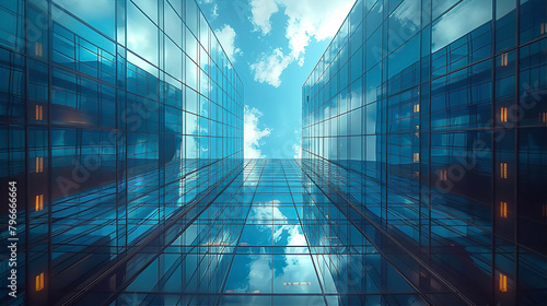 Modern glass skyscrapers perspective view with sky reflection, business concept 