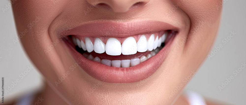 Naklejka premium Beautiful smile young woman. White teeth on white background.
