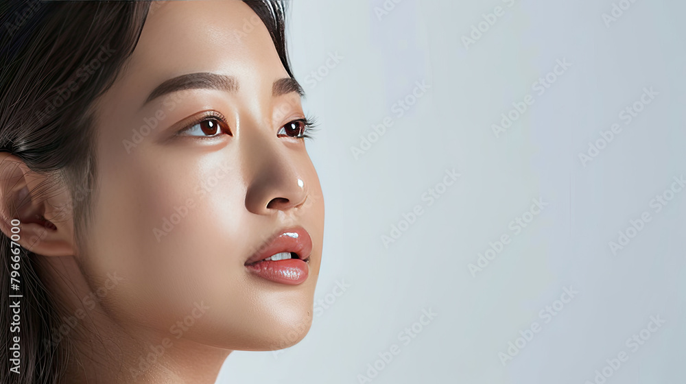 Naklejka premium Beautiful young Asian woman with clean fresh skin on white background, Face care, Facial treatment, Cosmetology, beauty and spa, Asian women portrait.