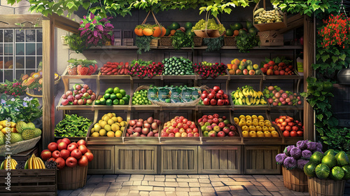 Bountiful Fruit Stand Overflowing with Fresh Produce.