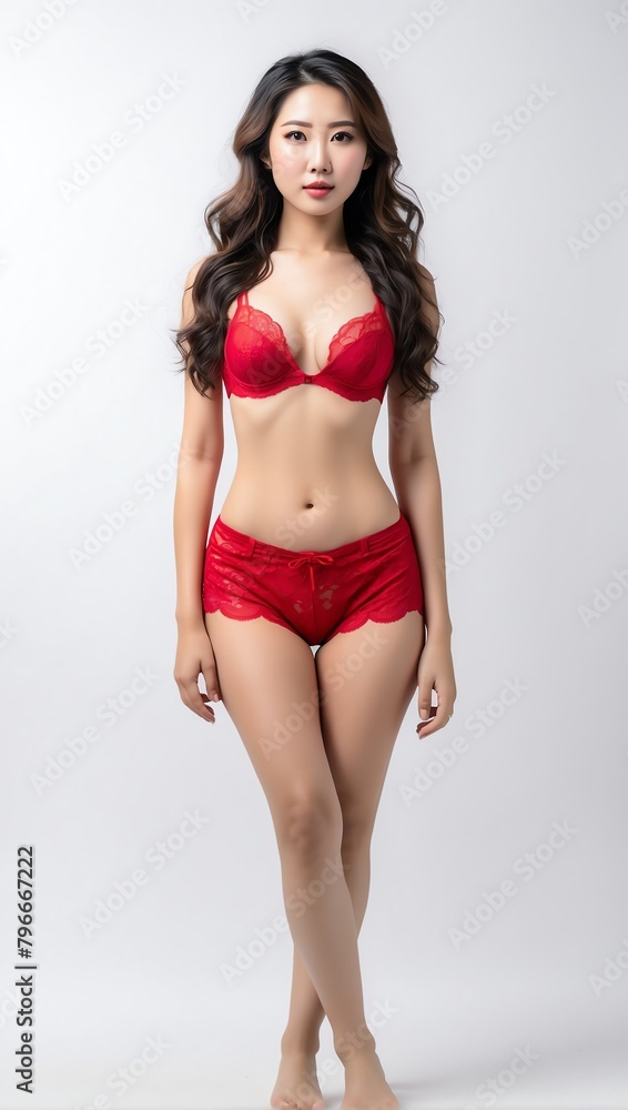 sexy asian woman with red lingerie full body portrait plain white background from Generative AI
