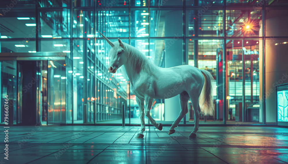 Majestic white unicorn standing gracefully in modern business offices ...