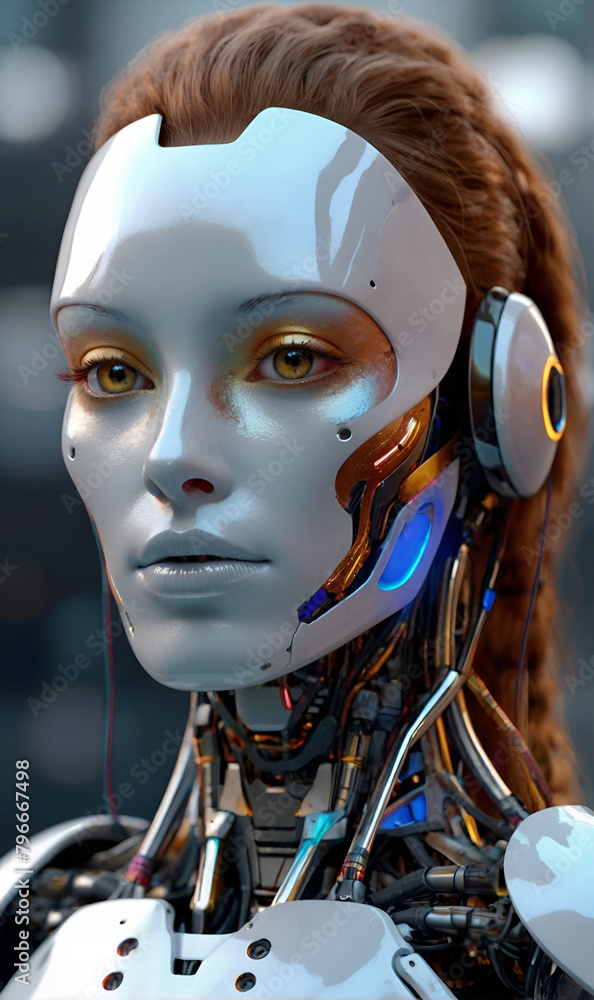 Human-shaped robot, Robot with a female face, Robot with artificial intelligence. Human-shaped robot, Robot with a female face, Robot with artificial intelligence.