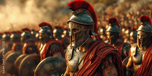 Ancient Roman legionary warrior in armor against the background of the battle photo