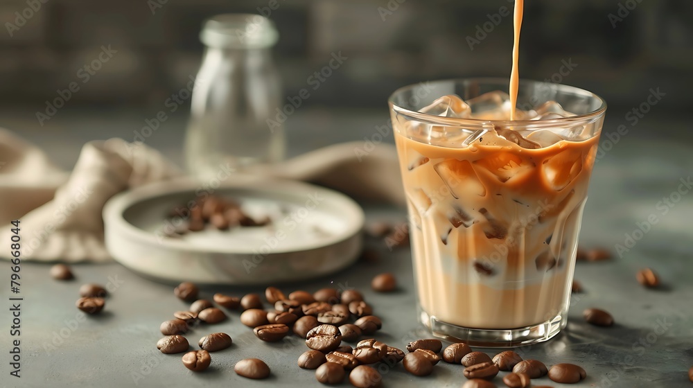 Iced latte coffee in cup glass with pouring milk on grey Iced latte coffee in cup glass with pouring milk on grey