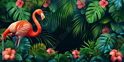 Generative ai illustration of a Tropical leaves plants and flamingo