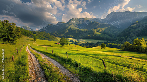 Country road and Green Mountains in summer.