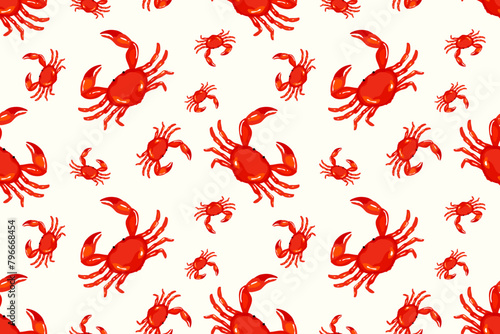 Underwater sea life pattern with cute red watercolor crabs on white background © LilaloveDesign