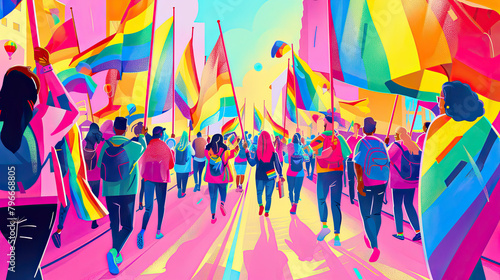 Depict a joyful LGBTQ pride parade. Celebrate love  acceptance  and the vibrant colors of the rainbow. Show people of all genders  orientations  and backgrounds marching together with pride flags.