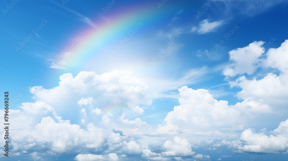 Fototapeta premium Vivid Rainbow in Blue Sky with Fluffy White Clouds