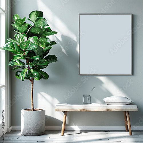 blank white canvas on a white wall in a minimalist interior with green plants