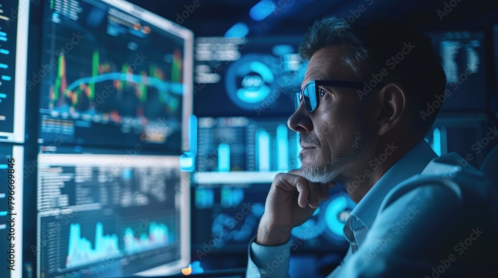 A man is looking at a computer screen with multiple graphs and numbers A man is looking at a computer screen with multiple graphs and numbers