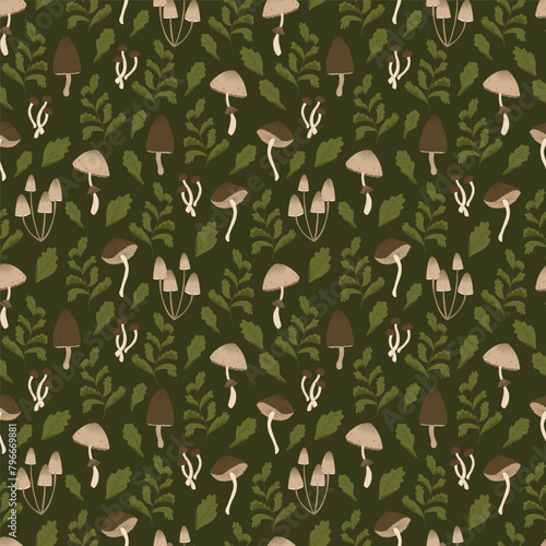 Fern leaves and mushrooms seamless pattern. Vector forest illustration with foliage and morel, parasol, button mushroom, honey agaric. Goblincore style. Template for textile, wallpaper, paper, print.