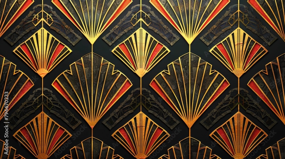 A gold and black patterned wall with red accents A gold and black patterned wall with red accents