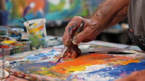 An older man is painting a colorful picture with a brush © Hope
