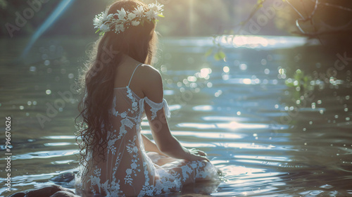 Fairy in vintage white lace dress sitting on stone water