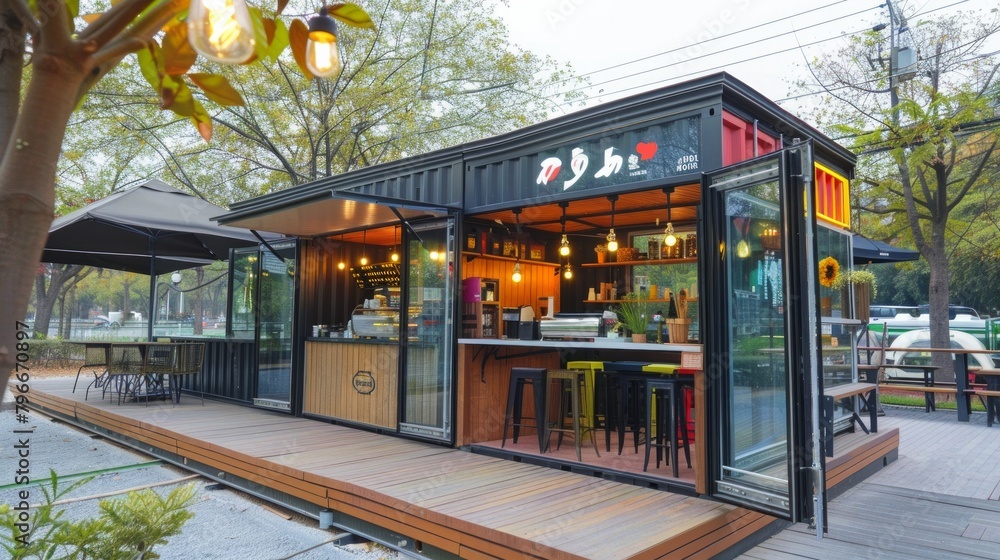 The boutique store or cafe is made of sea containers, the design project of the shopping complex on the street. Euro doors are plastic windows. The boutique store or cafe is made of sea containers, the design project of the shopping complex on the street. Euro doors are plastic windows.