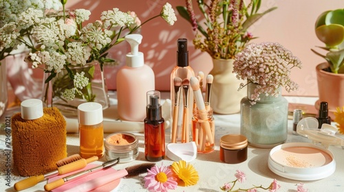 A table is covered with various beauty products and flowers