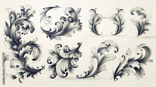 An isolated modern illustration template set that features calligraphic swirl ornaments, line style flourishes.