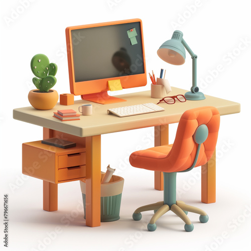 A working desk for officers, work from home, freelancers, or student in cartoon cute 3D design