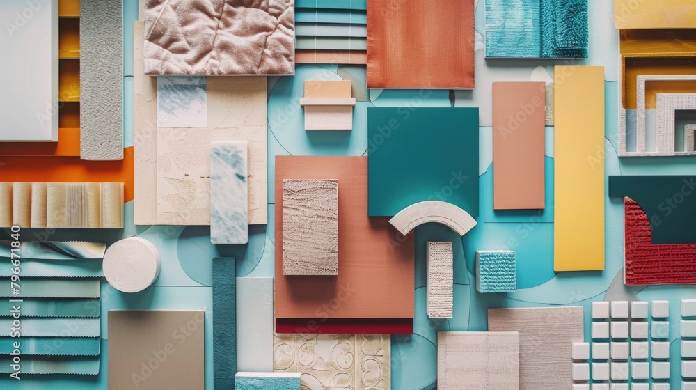 A colorful collage of tiles and other materials arranged in a pattern A colorful collage of tiles and other materials arranged in a pattern