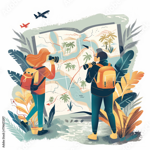 An adventure planing trip, backpacker traveling in Illustration cartoon design. Modern, Green, and orange tone
