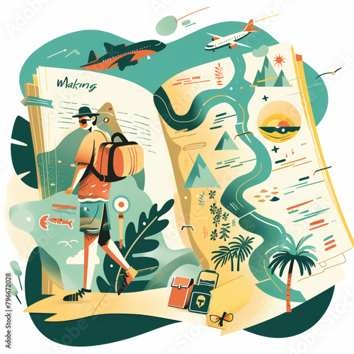 An adventure planing trip, backpacker traveling in Illustration cartoon design. Modern, Green, and orange tone