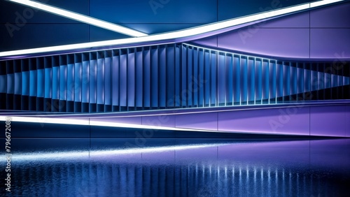 Blue and purple wall with reflection in water, creating a striking contrast