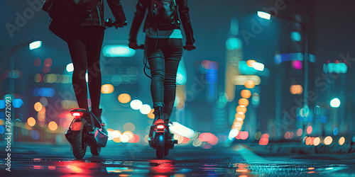 Frauen auf einem E-Roller in einer Stadt bei Nacht