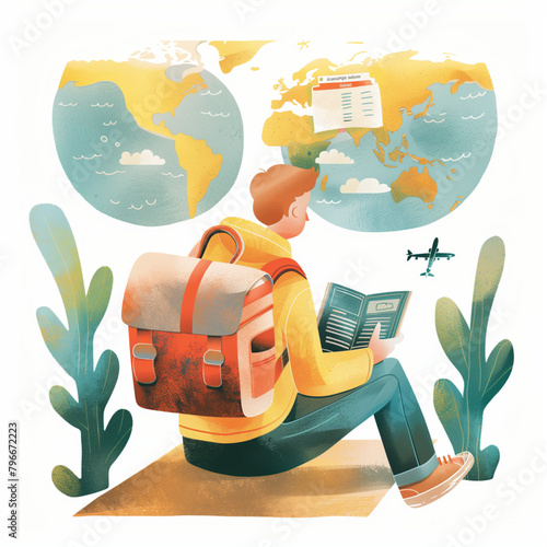 An adventure planing trip, backpacker traveling in Illustration cartoon design. Modern, Green, and orange tone
