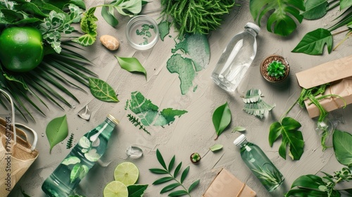 A table with a variety of plants and bottles, including a bottle of water
