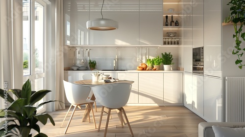 Interior of the kitchen in scandinavian style with white furniture and a dining table