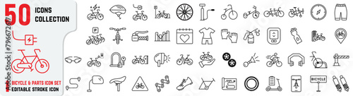 Set of Bicycle and Parts editable stroke icons also includes repair, Pino Tandem, charging, service, mirror, horn, brake icons. Electric Bicycle 50+ thin icon collections photo