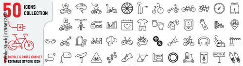 Set of Bicycle and Parts editable stroke icons also includes repair, Pino Tandem, charging, service, mirror, horn, brake icons. Electric Bicycle 50+ thin icon collections