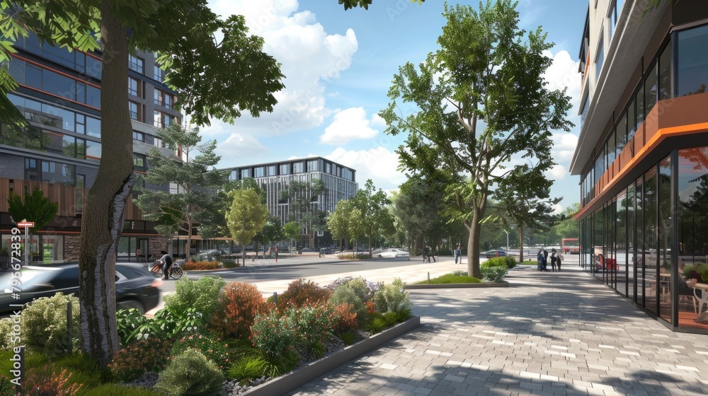 A city street with a sidewalk and a tree