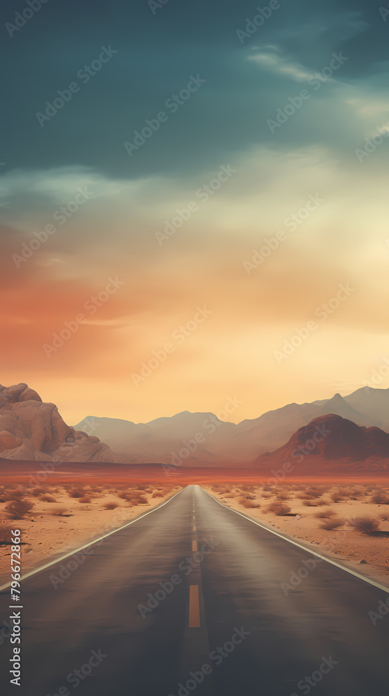 Highway in the desert, mountains on the horizon